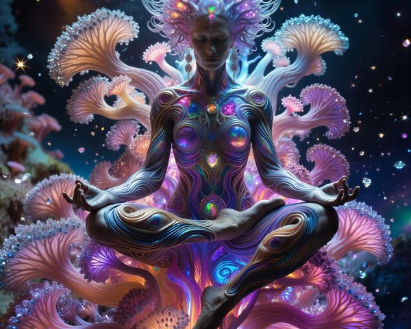 Ethereal Woman in Meditative Pose with Cosmic Elements
