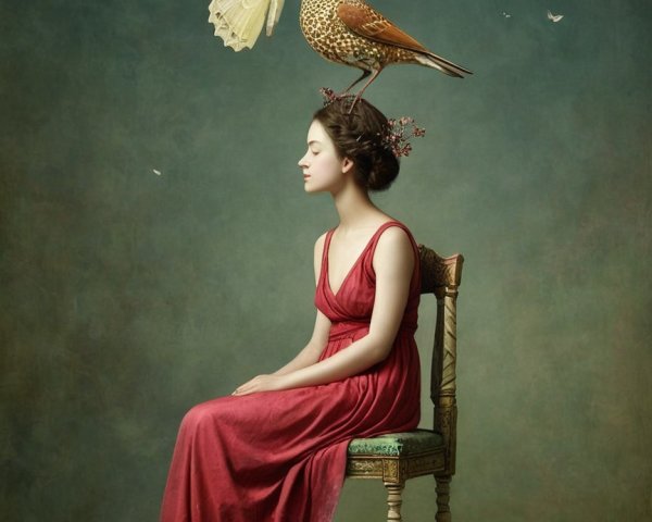 Fairytale Painting of a Woman in Red Gown and Bird