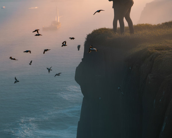 Couple Kissing on Grassy Cliff Overlooking Ocean