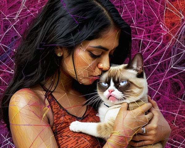Young woman kisses fluffy cat in colorful background