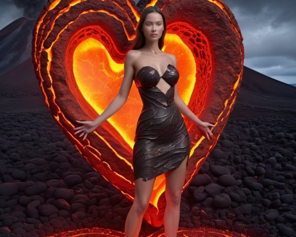 Woman in Dark Dress Before Heart-Shaped Lava Formation