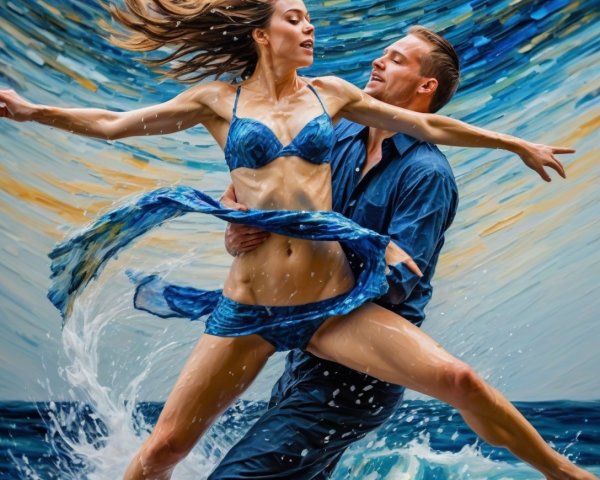 Dynamic Dance Scene on Ocean Waves with Splashing Water