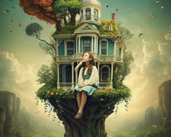 Large tree with roots, house, and sheep in landscape