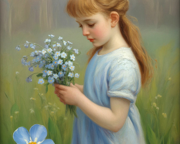 Young girl in blue dress holding flowers in green field