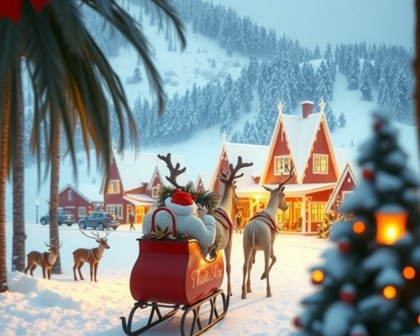 Festive Red Sleigh and Reindeer in Snowy Landscape