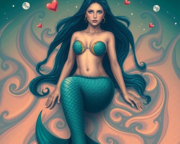 Mermaid in a Cosmic Sea with Stars and Hearts