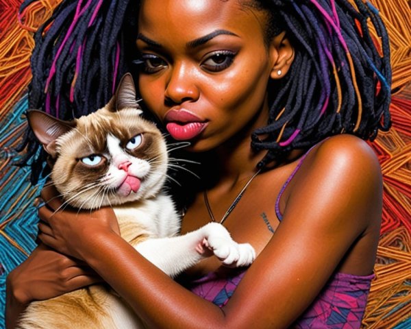 Young woman with multicolored dreadlocks and cat