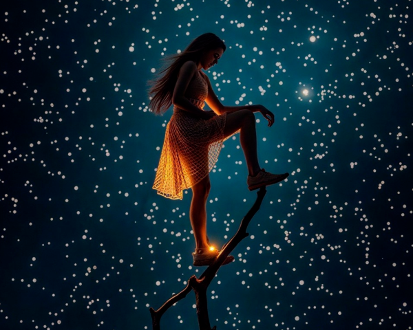 Girl on Tree Branch in Orange Light with Textured Dress