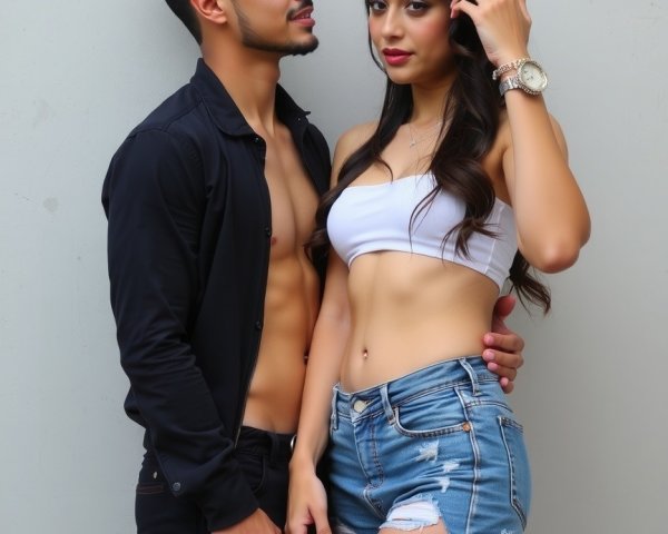 Stylish Couple Posing in Trendy Outfits Against Light Background