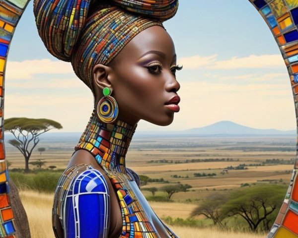 Colorful Mosaic Portrait of an African Woman in Profile