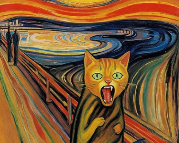 Oil painting featuring a tabby cat on a bridge