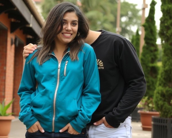 Young woman in turquoise jacket with playful background