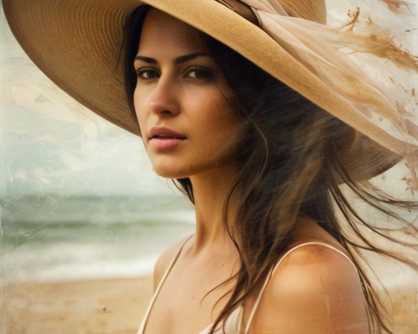 Woman in Straw Hat on Serene Sandy Beach