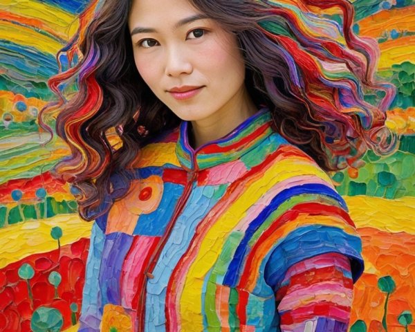 Oil Painting of a Young Woman in a Colorful Landscape