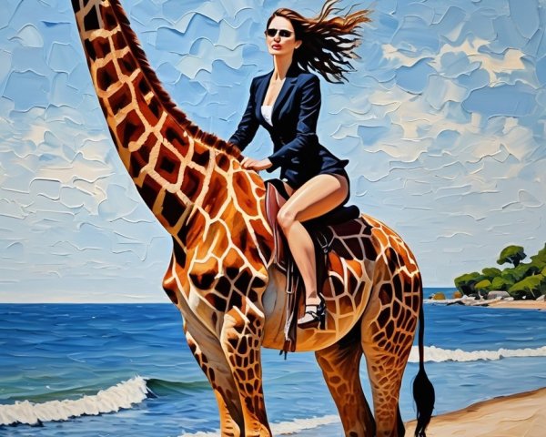 Woman in Black Outfit Riding Giraffe on Beach