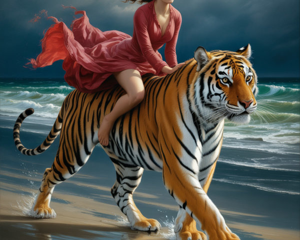 Woman in red dress riding tiger on sandy beach