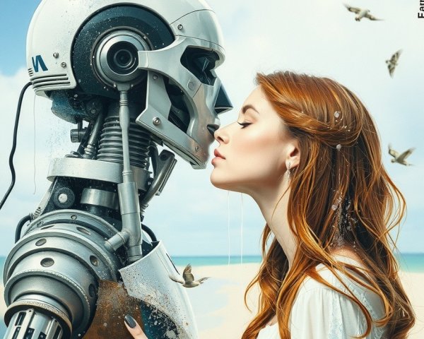 Surreal Beach Scene with Robot and Woman Connection