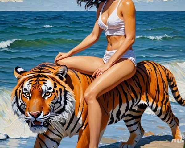 Woman in white bikini riding tiger on sandy beach