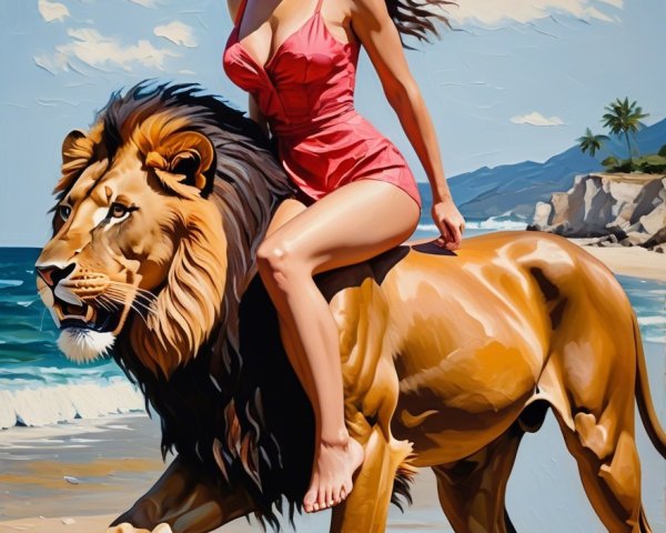 Vibrant painting of a woman on a lion at the beach