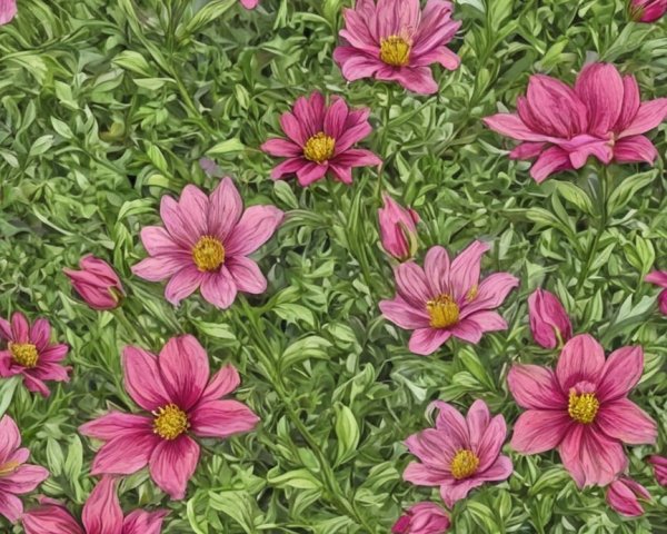 Blooming pink flowers on a lush green backdrop