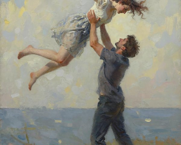 Oil Painting of Man Lifting Woman Against Vibrant Sky