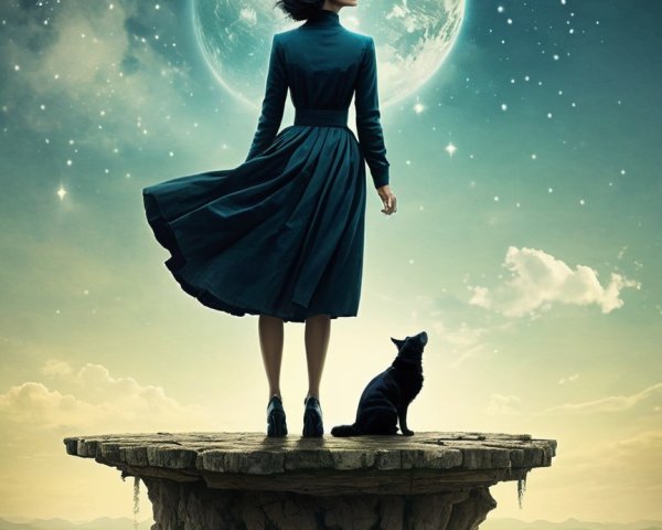Nighttime Scene with Woman in Teal Dress and Dog