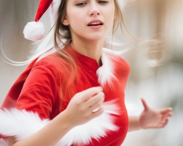 Young Woman in Festive Red Outfit in Snowy Landscape