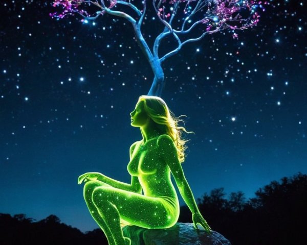 Ethereal woman with stars beside a glowing tree