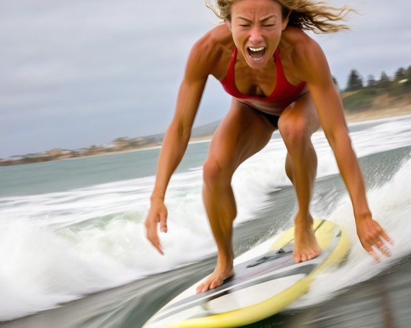 Female Surfer Balancing on Yellow Board in Waves
