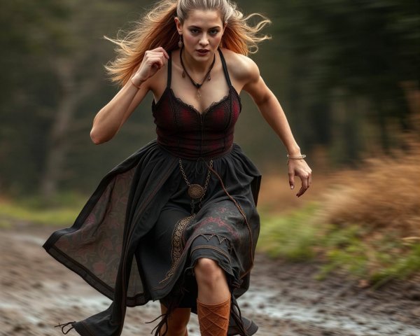 Young woman in red and black peasant dress running through mud