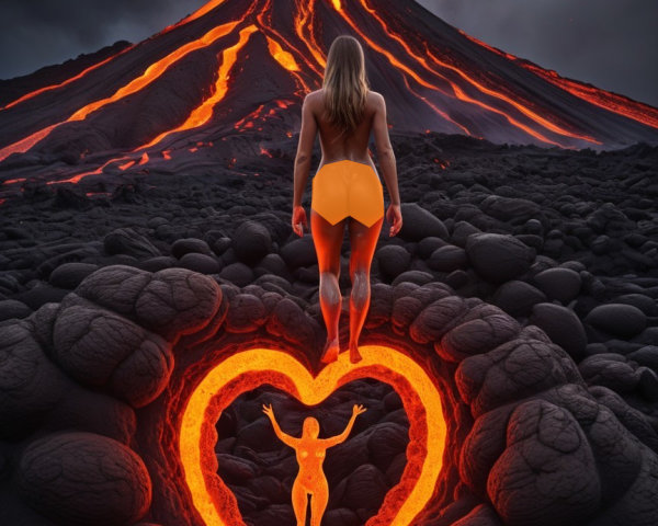 Volcanic Landscape with Erupting Volcano and Lava Heart