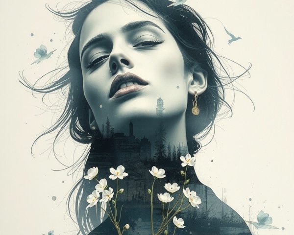 Serene Woman in Dreamy Cityscape with Nature Elements
