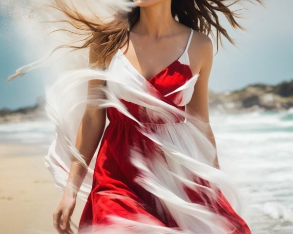 Woman in flowing dress on serene beach at sunset