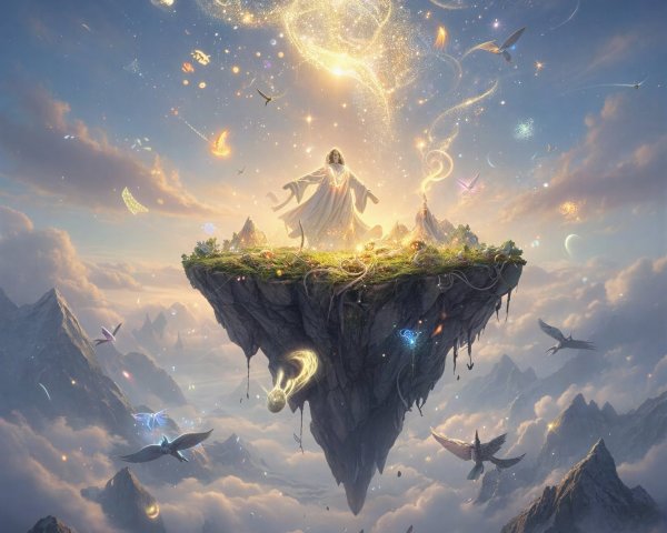 Celestial Scene with Cloaked Figure and Golden Light