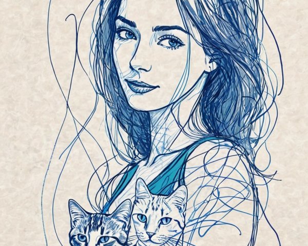 Ink Sketch of Woman with Cats in Blue Tones