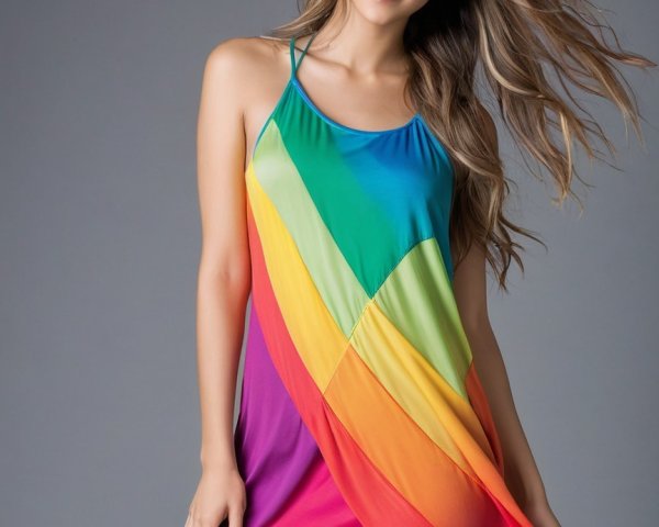 Young woman in vibrant rainbow dress with gradient colors