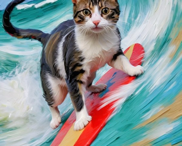 Photorealistic Cat Surfing on a Colorful Wave