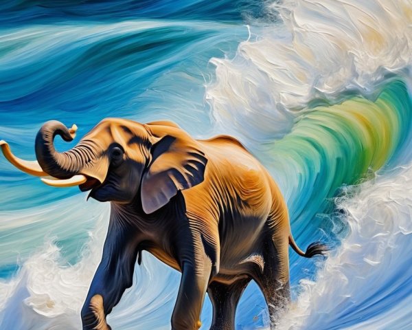 Elephant Surfing on Colorful Wave at Sunset