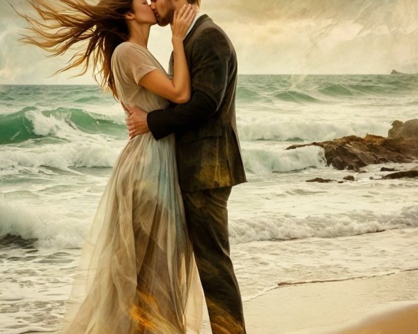 Couple Kissing on Beach with Dramatic Sky and Waves