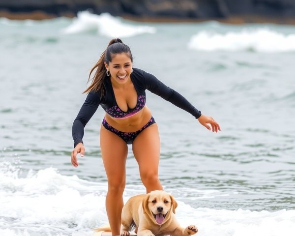 Woman Surfing with Labrador on Gentle Waves at Beach