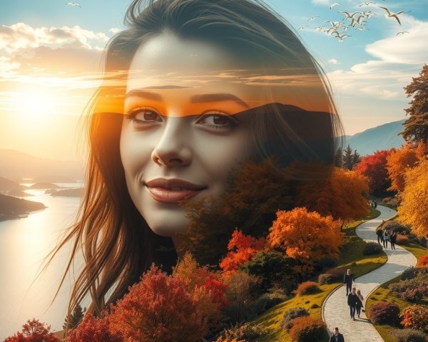 Ethereal Portrait Over Serene Autumn Landscape