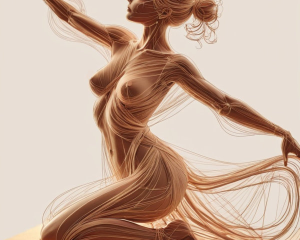Illustration of a nude female ballet dancer in threads