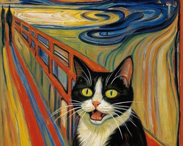 Black and white tuxedo cat with vibrant background colors