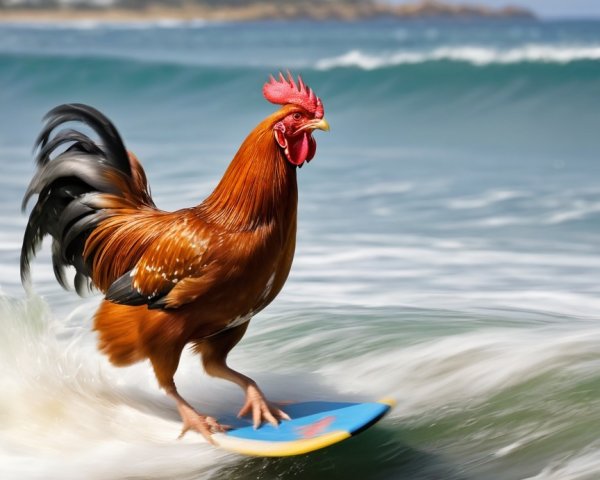 Brown Rooster Surfing on Colorful Board at Beach