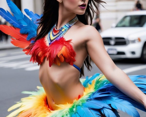 Vibrant Performer in Colorful Feathered Costume