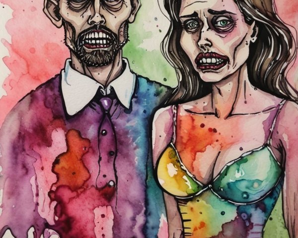 Watercolor Illustration of a Zombie Couple in Detail