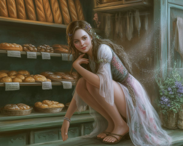 Cozy Bakery Scene with Young Woman and Pastries