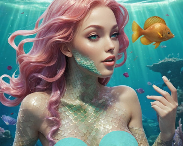 Underwater Scene with Mermaid and Goldfish Elements