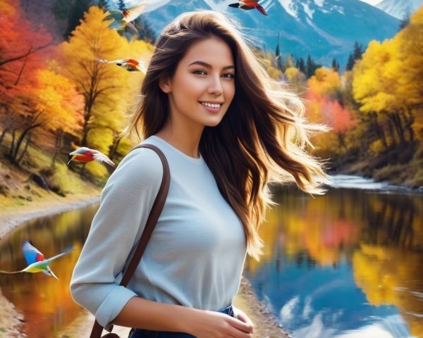 Young Woman by Serene River in Autumn Landscape