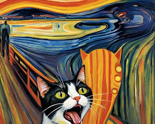 Tuxedo Cat in Munch-Inspired Stylized Painting